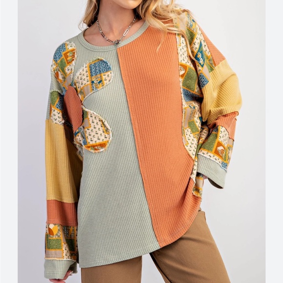 easel Tops - Easel NWT Daisy Thermal Top Small Oversized Sage Green Rust Long Sleeves